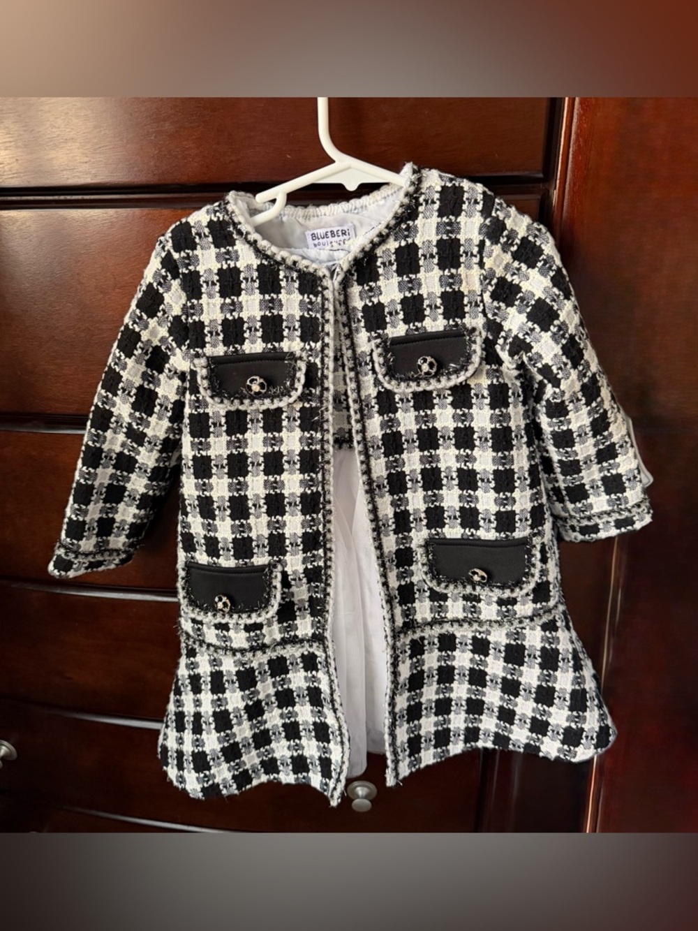 Blueberi Boulevard 3T Tweed Coat & Tutu Dress Set - Black White Plaid 2pc